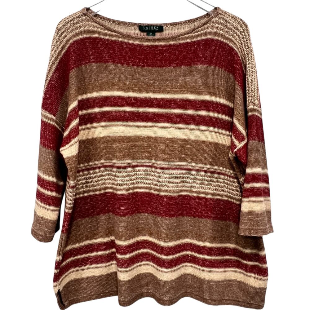 Lauren‎ Ralph Lauren 2X Linen Cotton Striped Knit Top Neutral Pullover Lagenlook